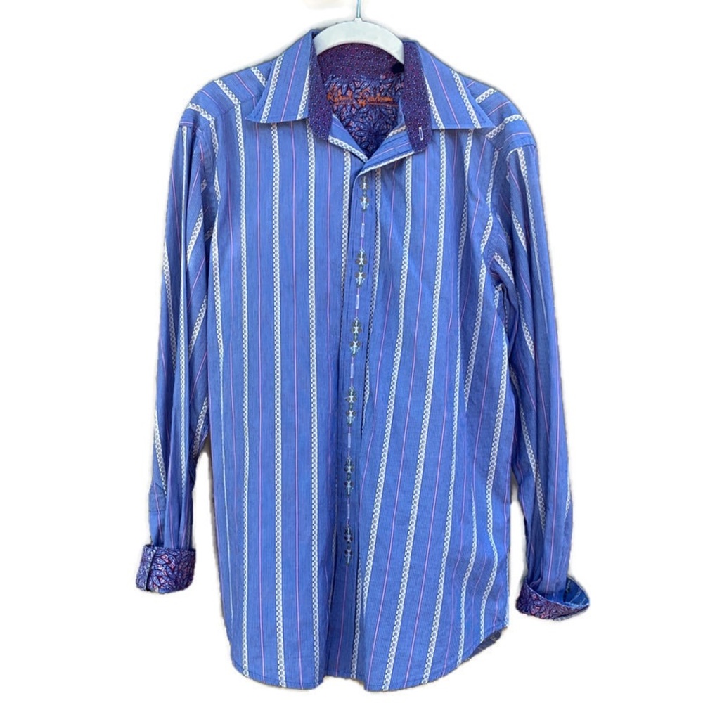 Robert Graham Men’a Blue Embroidered Button Down Shirt Long Sleeve Medium